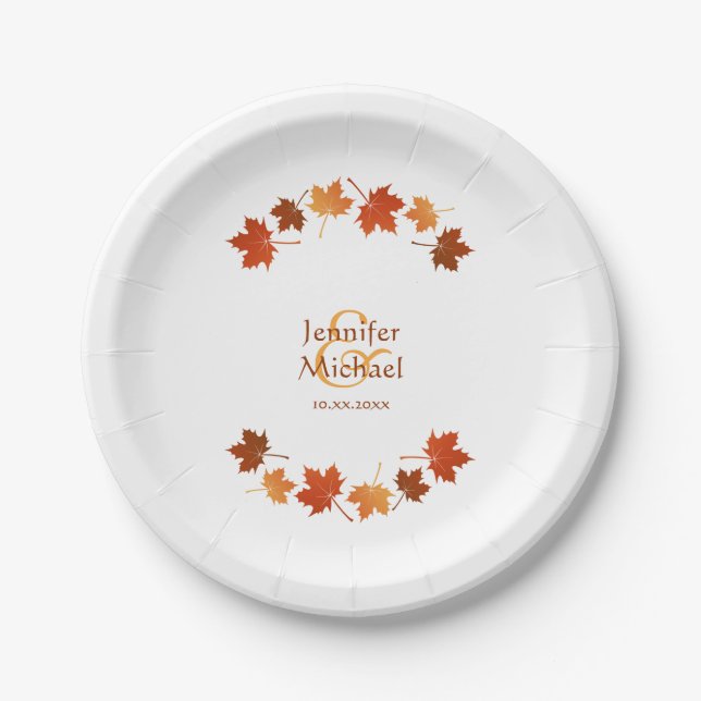 autumn maple leaves rustic fall wedding paper plate (Front)