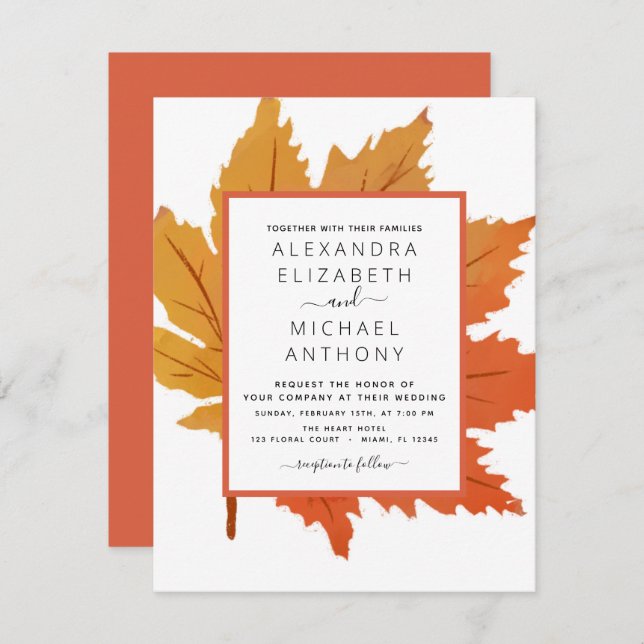 Autumn Maple Leaves Watercolor Orange Brown Invitation (Front/Back)