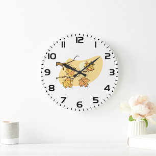 Autumn Maple Leaves with Branches and Sunset  Large Clock