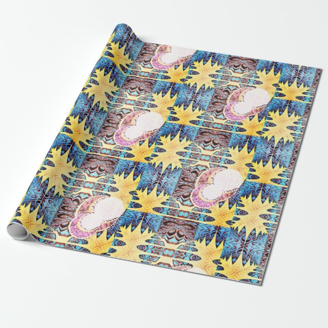 Autumn Maple Pattern and Moons Wrapping Paper (Unrolled)