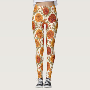 Autumn marigold flower pattern leggings
