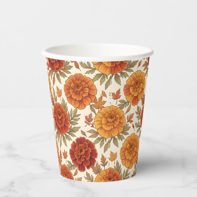 Autumn marigold flower pattern paper cups (Front)