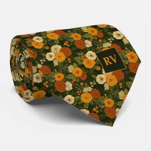Autumn Marigold Garden Flower Monogrammed Tie