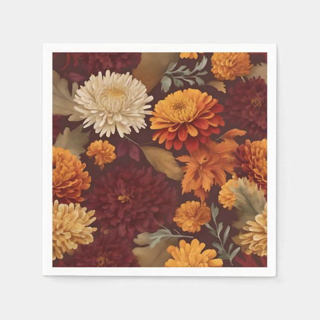 Autumn Marigolds Chrysanthemums and Asters Pattern Napkin (Front)