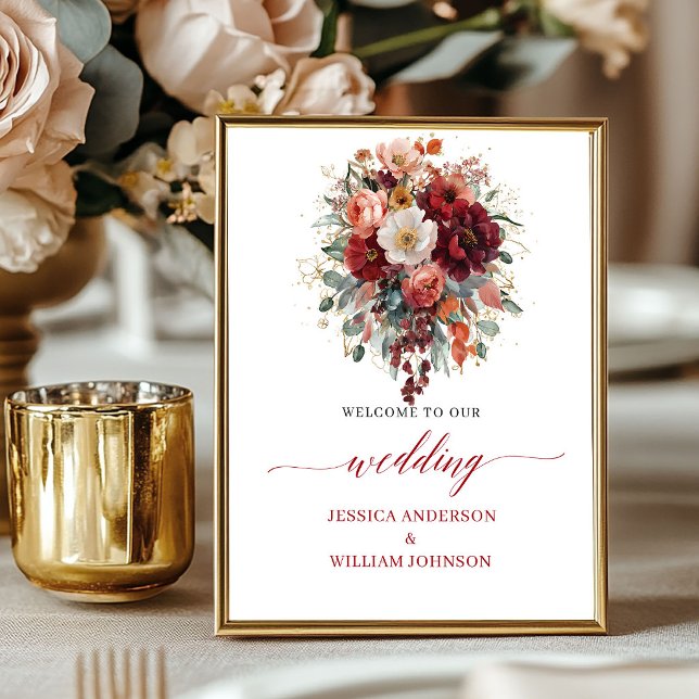 Autumn Maroon Floral Greenery Tabletop Wedding   Poster (Autumn Maroon Floral Greenery Tabletop Wedding Welcome

)