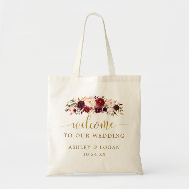 Autumn Maroon Floral Wedding Welcome Gift Tote Bag (Front)