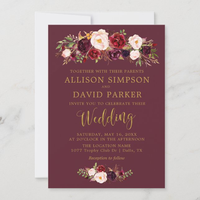 Autumn Marsala Floral Navy Elegant Wedding Card (Front)