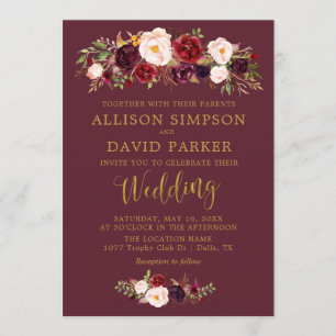 Autumn Marsala Floral Navy Elegant Wedding Card