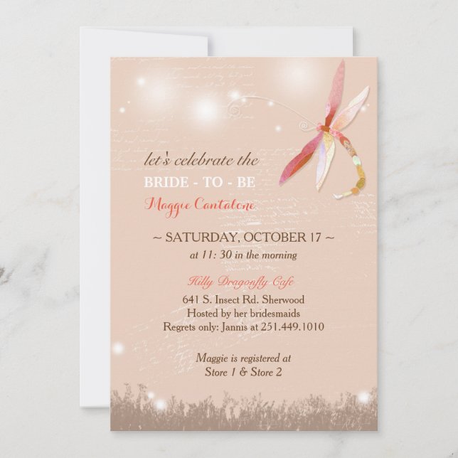 Autumn Meadow Dragonfly Beige Bridal Shower Invitation (Front)