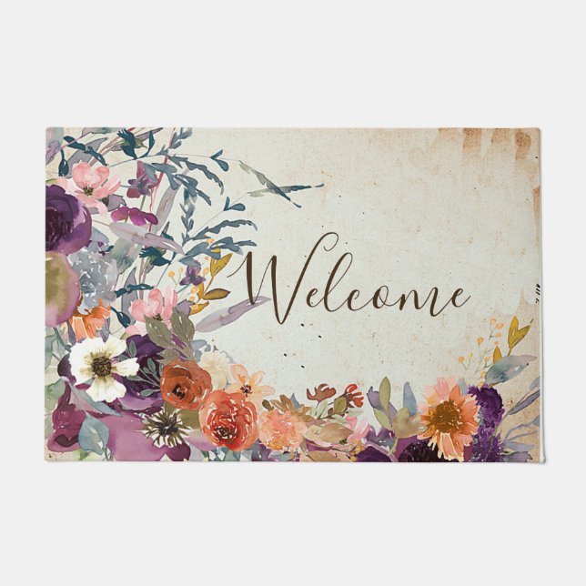 Autumn mixed watercolor floral customisable doormat (Front)