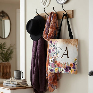 Autumn mixed watercolor floral monogram tote bag
