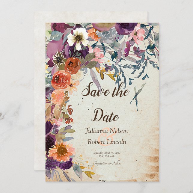 Autumn mixed watercolor floral save the date invitation (Front/Back)