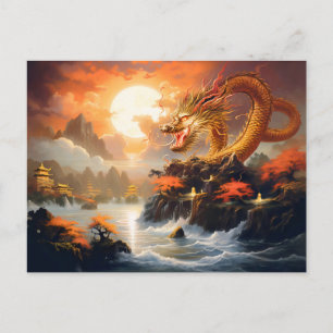 Autumn Moonrise – Chinese Airbrush Dragon in Gold  Postcard