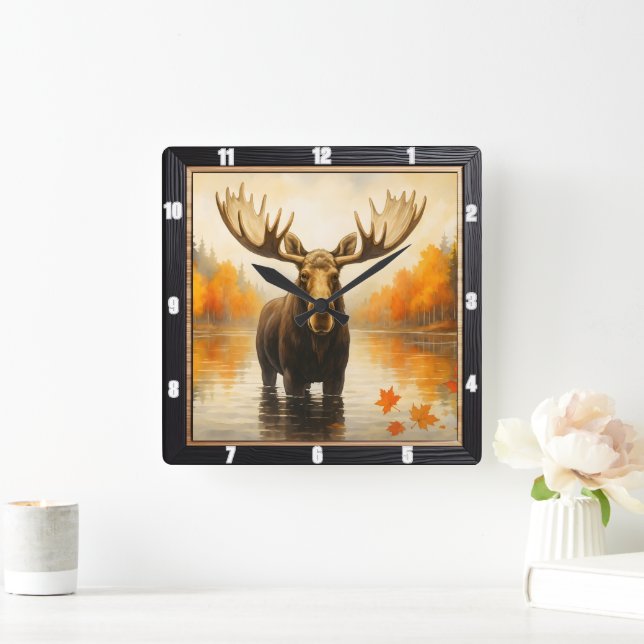 Autumn Moose Forest Lake  Square Wall Clock (Home)