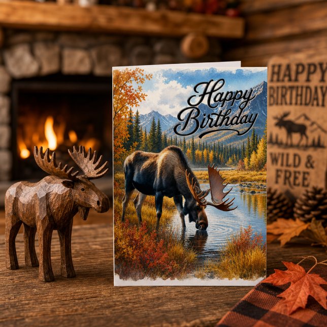 Autumn Moose Rustic Fall Wildlife Birthday Card (Creator Uploaded)