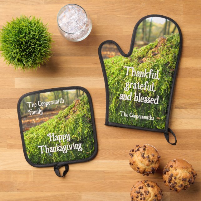 Autumn Moss in Golden Sunshine - Personalised Oven Mitt & Pot Holder Set (Top Down)