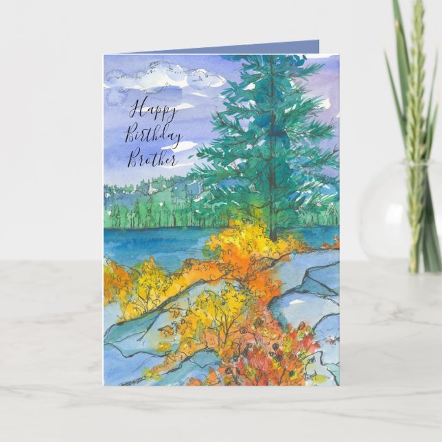 Autumn Mountain Lake Happy Birthday Brother Card (Front)