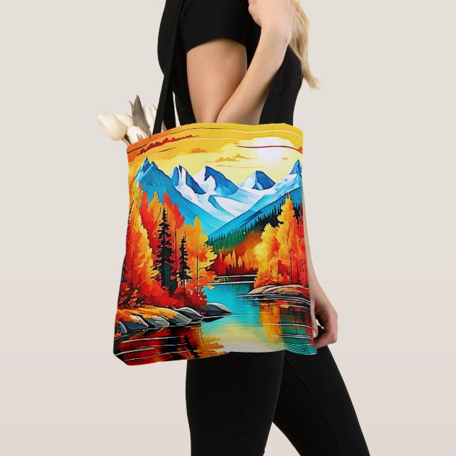 Autumn Mountain Lake Scene Tote Bag (Close Up)