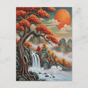 Autumn Mountain Landscape with Waterfall Holiday Postcard