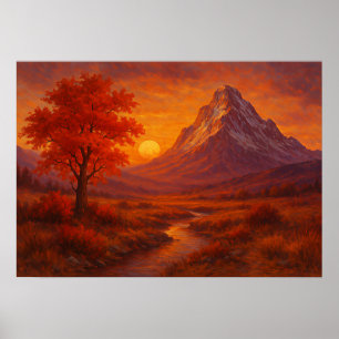 Autumn Mountain Sunset Landscape Painting Poster