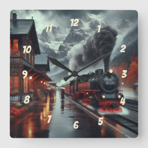 Autumn Mountain Train Journey Square Wall Clock