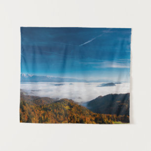 Autumn mountains and fog in the valley tapestry