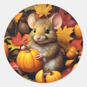 Autumn Mouse with Pumpkins & Leaves Sticker
