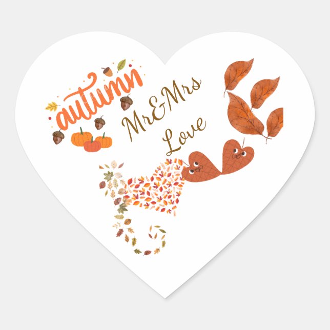 Autumn Mr & Mrs Love Heart Wedding Stickers (Front)