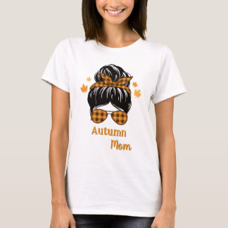 Autumn Mum Messy Bun Buffalo Plaid Sunglasses Fall T-Shirt