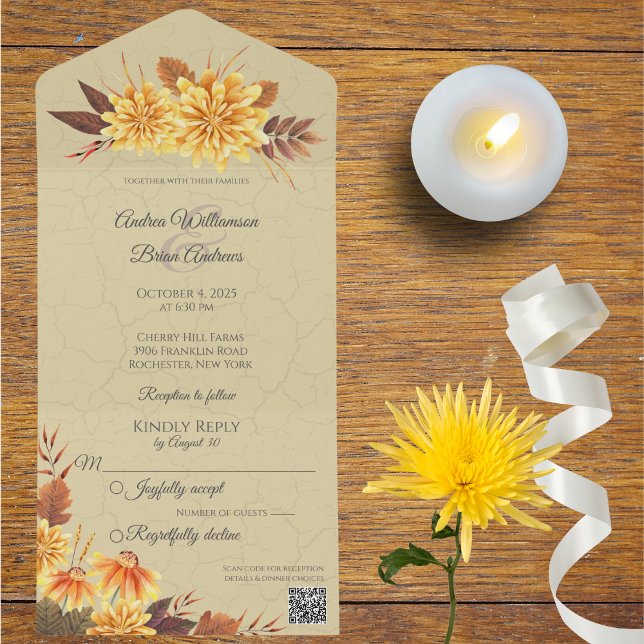 Autumn Mums with QR Code All In One Invitation (Available without QR code or with or without dinner options. )
