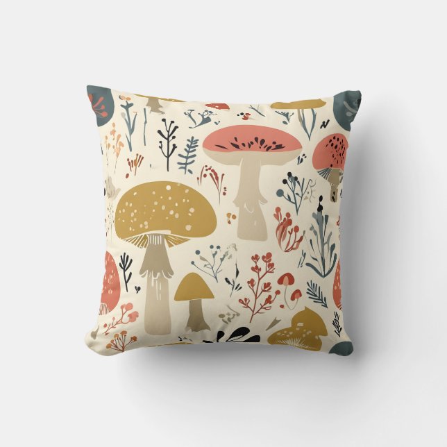 Autumn Mushroom & Botanical Pattern Pillow (Front)