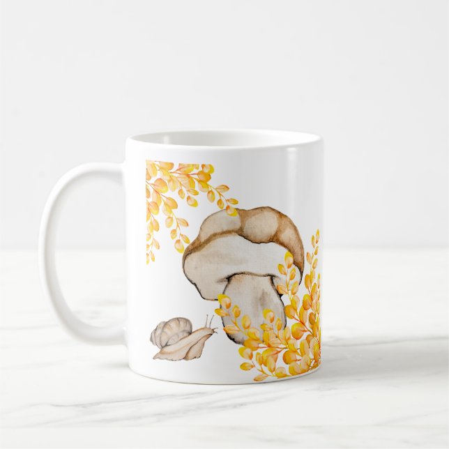 Autumn mushroom, snail and yellow branches  coffee mug (Left)