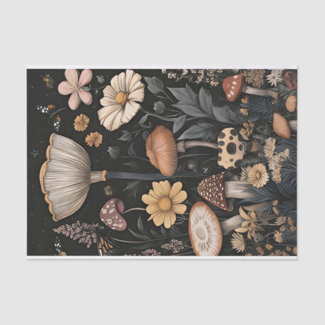 Autumn Mushrooms and Flowers Fall Decoupage Tissue Paper (Front)