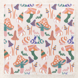 Autumn mushrooms, colourful seamless design. glass coaster