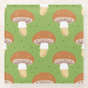 Autumn mushrooms: green seamless pattern. glass coaster
