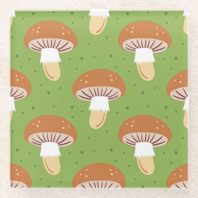 Autumn mushrooms: green seamless pattern. glass coaster (Front)