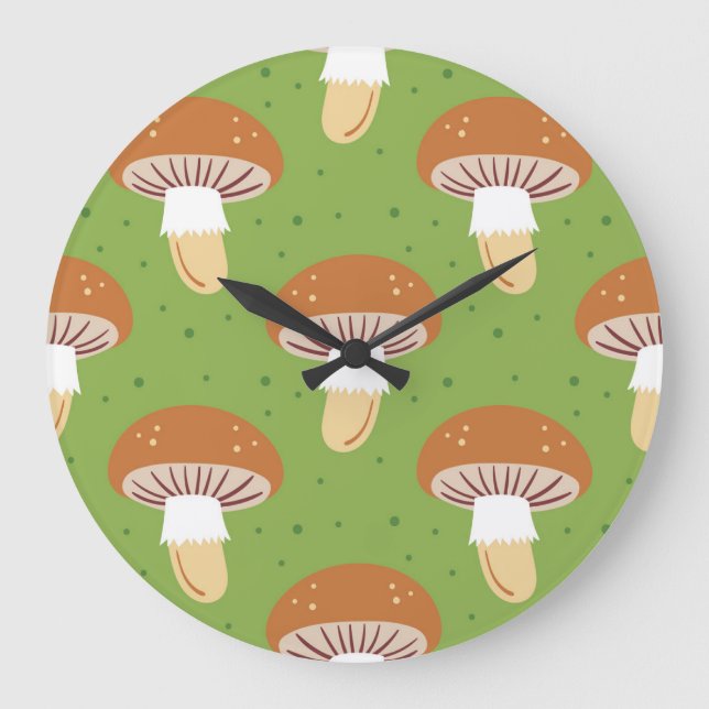 Autumn mushrooms: green seamless pattern. large clock (Front)