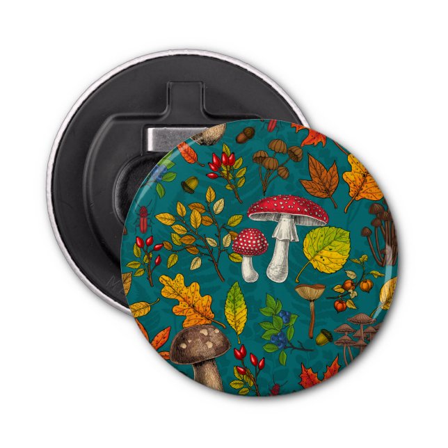 Autumn mushrooms, leaves, nuts and berries on blue bottle opener (Front)