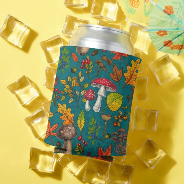 Autumn mushrooms, leaves, nuts and berries on blue can cooler (In Situ Summer)