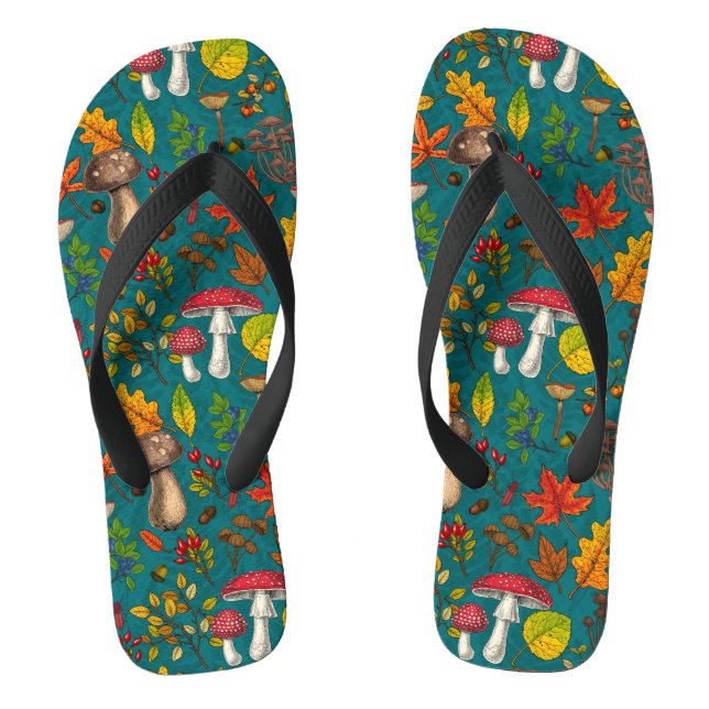 Autumn mushrooms, leaves, nuts and berries on blue flip flops (Footbed)