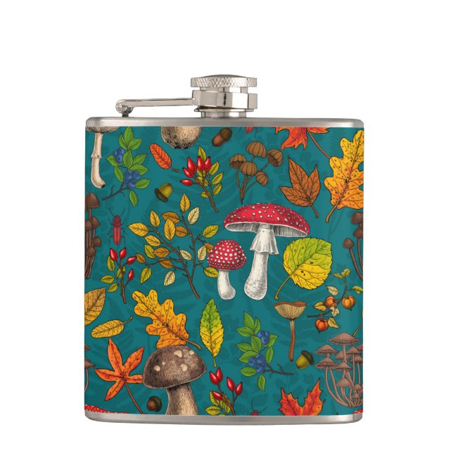 Autumn mushrooms, leaves, nuts and berries on blue hip flask (Front)