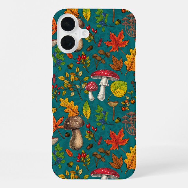 Autumn mushrooms, leaves, nuts and berries on blue iPhone case (Back)