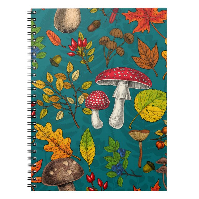 Autumn mushrooms, leaves, nuts and berries on blue notebook (Front)
