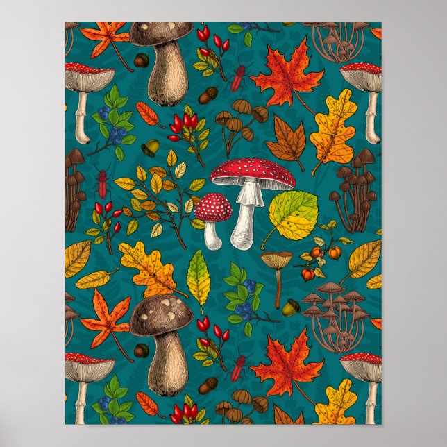 Autumn mushrooms, leaves, nuts and berries on blue poster (Front)