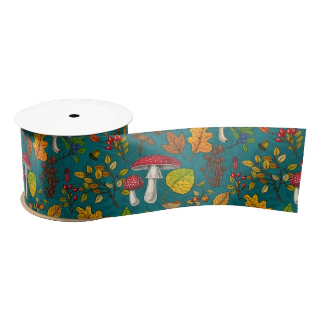 Autumn mushrooms, leaves, nuts and berries on blue satin ribbon (Spool)