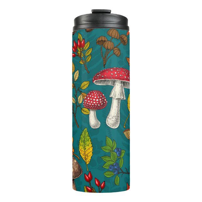Autumn mushrooms, leaves, nuts and berries on blue thermal tumbler (Front)