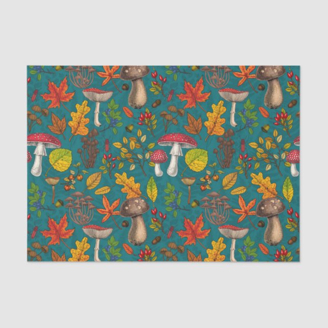 Autumn mushrooms, leaves, nuts and berries on blue tissue paper (Front)