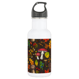 Autumn mushrooms, leaves, nuts and berries on dark 532 ml water bottle