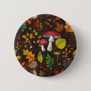 Autumn mushrooms, leaves, nuts and berries on dark 6 cm round badge