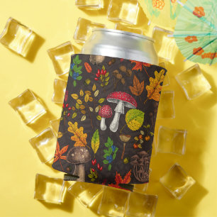 Autumn mushrooms, leaves, nuts and berries on dark can cooler